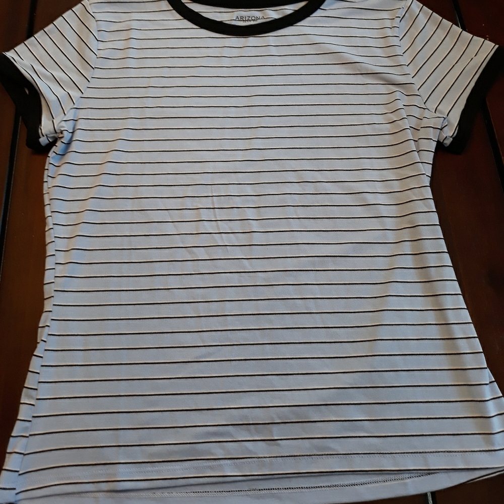 Blue, white, and black stripped shirt